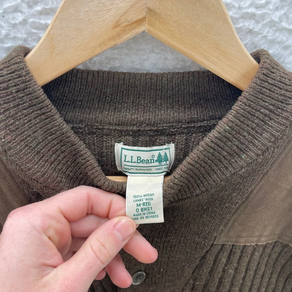 LL Bean Sweater Mens M Olive Greeen Lambs Wool Commando Ribbed Elbow Patch Gorp